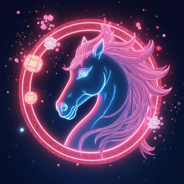 Neon horse head in circle frame with floral elements and glowing cubes. Animal graphic art with Eastern motifs and bright luminous lines on dark background.