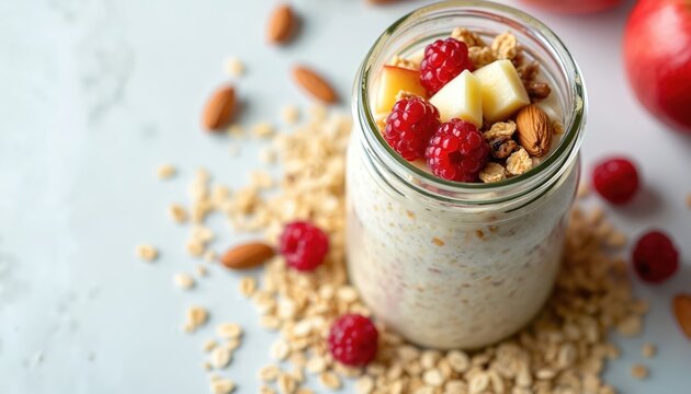 Jar with overnight oats, fresh raspberries, diced apples, nuts, seeds, and granola. Healthy breakfast meal preparation for morning energy and wellness. Simple, clean eating.
