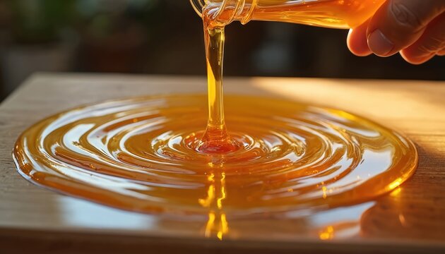 Golden liquid epoxy resin streams onto wood. Viscous amber material makes flowing concentric patterns on table surface. Woodworking craft furniture making detail.