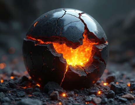 Cracked black sphere reveals bright molten lava core. Abstract concept of intense heat energy power. Rough broken surface detail. Lava sparks glow on dark ground.