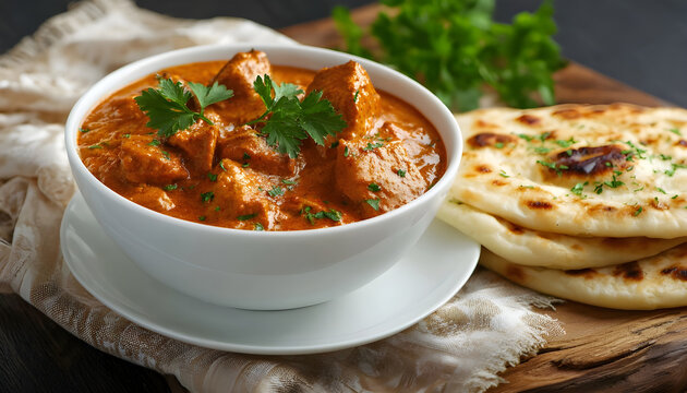 Indian soya chaap curry served with naan bread. Vegetarian dish with creamy tomato gravy and fresh parsley garnish. Delicious spiced meal for lunch or dinner