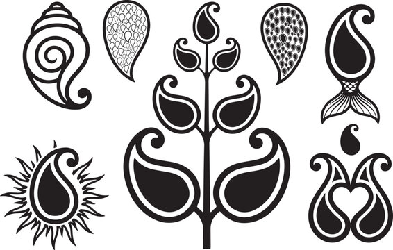 Collection of decorative paisley and floral motifs in black and white, ideal for cultural designs, tattoo art, and graphic elements kalkha kalka kolka Alpona