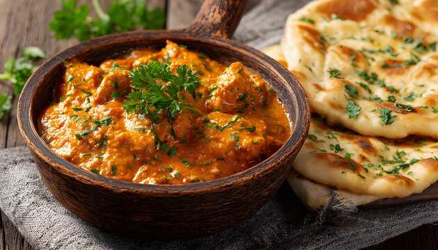 Indian soya chaap curry served with naan bread. Vegetarian dish with creamy tomato gravy and fresh parsley garnish. Delicious spiced meal for lunch or dinner