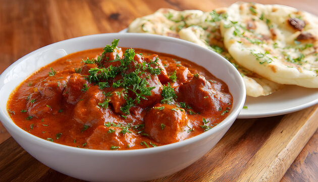 Indian soya chaap curry served with naan bread. Vegetarian dish with creamy tomato gravy and fresh parsley garnish. Delicious spiced meal for lunch or dinner