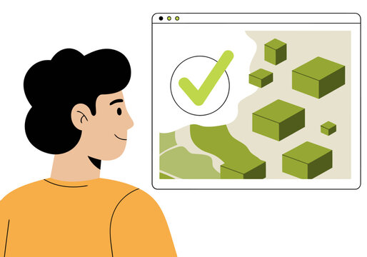 A diverse young professional monitors a soil recovery success map on a computer, indicating positive results. Modern, clean design.