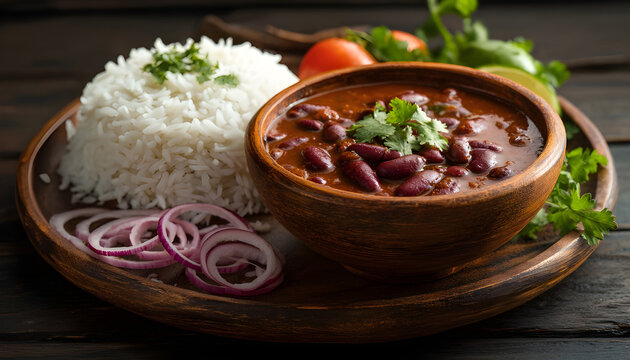 Rajma Masala flavorful Indian curry dish prepared with red kidney beans onions tomatoes and spices served with rice on wooden tray Rajma Masala is delicious gravy made by cooking red beans with onion