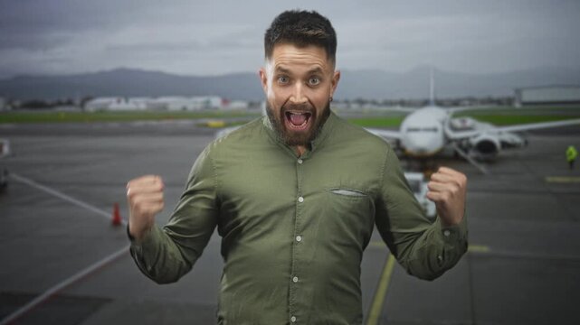 Hispanic man with beard smiling and pumping clenched fists in green shirt on airport tarmac near airplane and service vehicle; joy celebration.