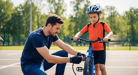 Naklejka premium Supportive Father Teaches Young Son Bike Maintenance, Adjusting Bicycle Brakes Outdoors on a Sunny Day