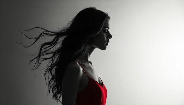 Silhouette of woman with long dark hair in a red dress against a bright background. Side profile shows graceful lines and flowing hair movement.
