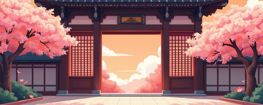 Traditional Asian gate archway frames soft orange sky clouds. Lush pink cherry blossoms bloom on trees beside oriental building structure. Peaceful spring garden scene.