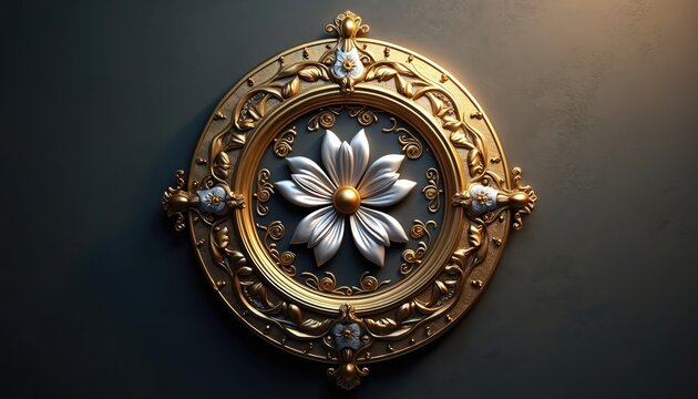 Ornate gold and silver circular emblem features floral design center. Intricate metallic border with leaf motifs. Decorative symbol suitable for awards or vintage themes.