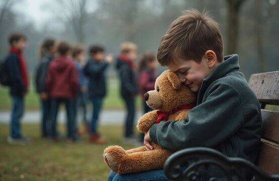 Sad boy sits alone on park bench hugging teddy bear. Other children stand in distance pointing and laughing. Loneliness and sadness is felt in childs eyes.
