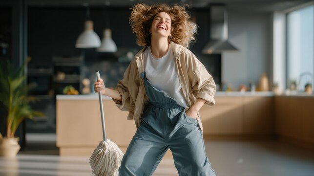 Cheerful young woman dancing while cleaning with a mop in a stylish kitchen.