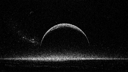 Abstract space background with stardust forming a planet silhouette. Minimalist galaxy illustration with particles. Cosmic design element for futuristic website theme and banner. © hiten666