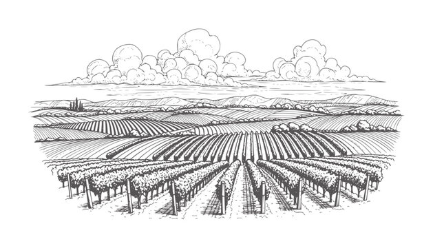 Black and white of a sprawling vineyard landscape with rolling hills grapes vines