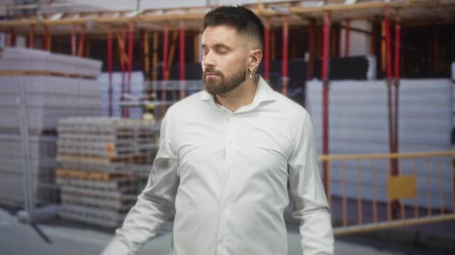 Man with beard in white shirt shrugs palms up in front of scaffolding and stacked panels at a building under construction; uncertainty.