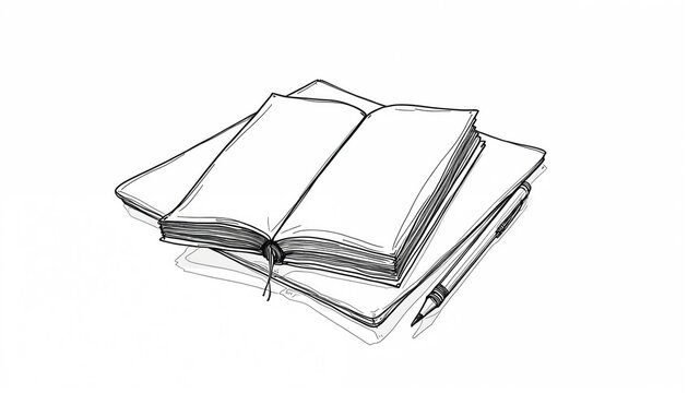 Minimalist line art drawing of open notebook with pencil resting on stack of papers. Blank pages ready for writing ideas, notes, or sketches. Simple, clean design for creative projects or education.