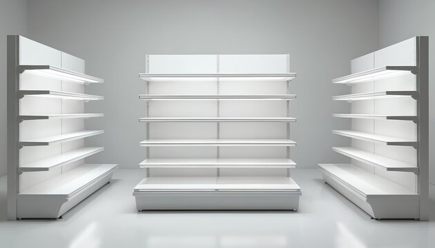 Three modern empty white supermarket shelving units and displays stand in a retail store aisle. Clean shelves await product stocking for sale. Efficient store layout.