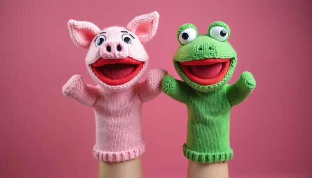 Cute knitted sock puppets, a pink pig and green frog, stand together with happy open mouths. These handmade toys are ready for fun and performance. Their simple design suggests innocence and joy.