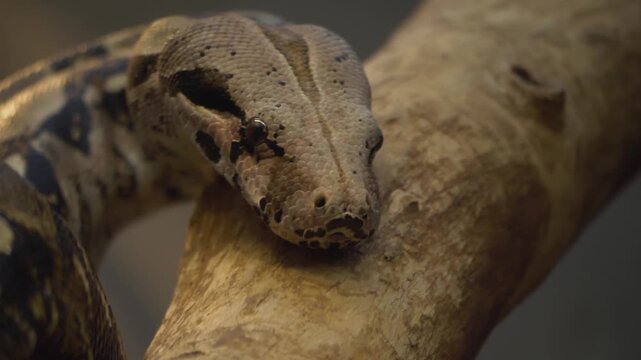 Close up head of a Boa constrictor, python snake crawling along on a cloudy day