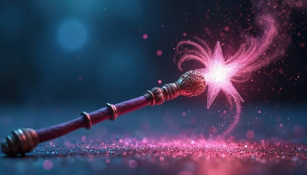 Ornate magic wand with star tip casts pink glitter spell. Fantasy object creates enchanting glowing light effects. Mystical dust sparkles in dark.