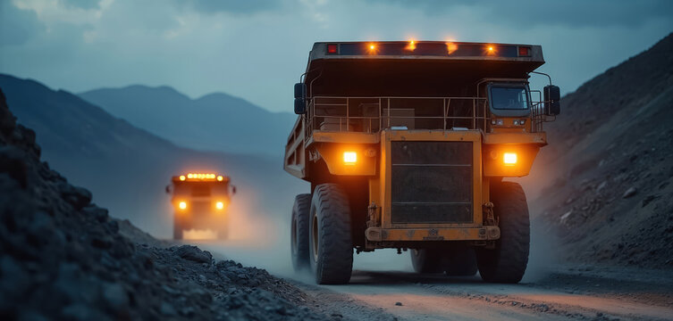 Giant yellow mining trucks haul ore on dusty dirt road in barren mountains at dusk. Heavy machinery moves raw material from quarry under dim sky. Powerful industrial vehicles operate.