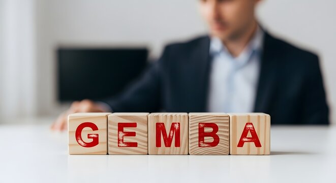 GEMBA: Business Concept Illustrated with Wooden Blocks and Businessman in Background