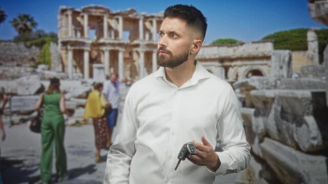 Man holding car keys in hand among ancient building ruins, looking pensive and glancing aside; contemplation travel curiosity.