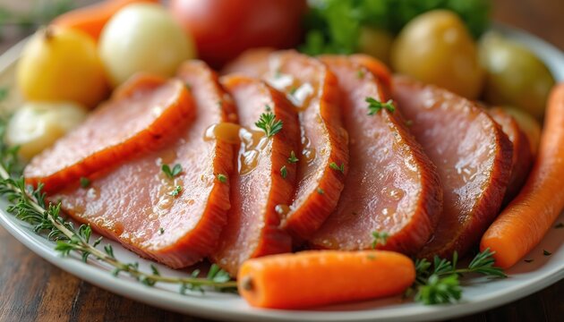 Sliced honey glazed ham with roasted potatoes carrots and herbs. This hearty meal is perfect for festive holidays or family dinners. Delicious comfort food ready to serve.