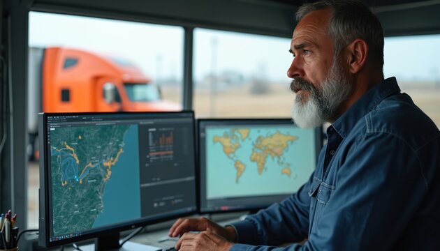 Older man with beard works at computer screen showing map and routes. Truck driver manager tracks vehicle fleet operations. Analyzes logistics data for cargo movement.