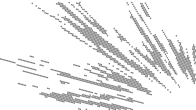 Abstract black dotted streak pattern, halftone diagonal motion design, minimal white background, dynamic flowing texture, modern digital concept, clean technology graphic backdrop