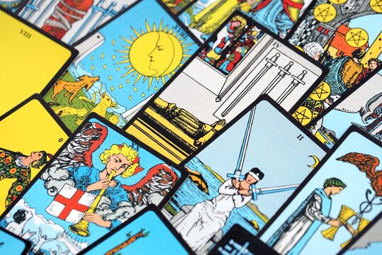 Fortune telling on tarot cards, used Marseille Tarot deck by unknown artist published first in 1709
