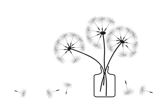 black and white poster with dandelion flowers in a vase