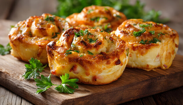 Golden baked pinwheel rolls filled with savory ham and melted cheese. Delicious pastry snacks garnished with fresh parsley. Perfect for parties, appetizers, or bakery menus.