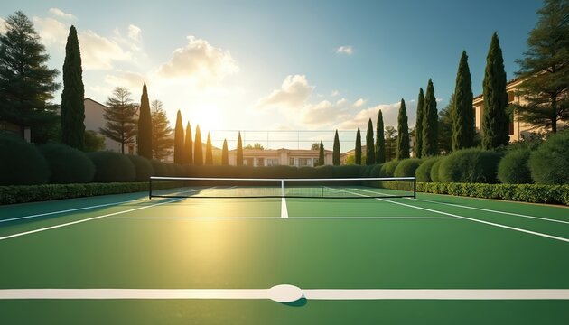 Green tennis court with white lines and net. Tall cypress trees and manicured bushes surround the court. Luxury villas visible in background under sunny sky.