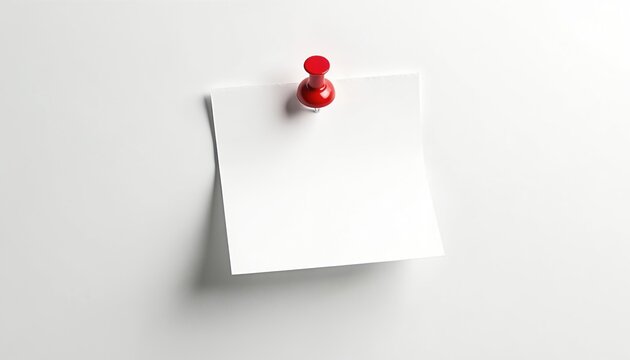 White paper sheet pinned with red pushpin onto clean white wall surface. Minimalist design for notes reminders or messages. Copy space for text.