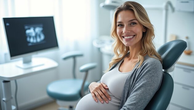 Happy pregnant woman sits in dental chair. Expectant mother holds belly, smiles during oral health checkup. Dentist office with modern equipment. Prenatal care visit.
