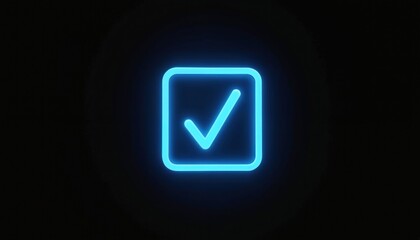 Obraz na płótnie Canvas Blue neon checkmark inside square glows on dark background. Represents approval success choice and verification. Signifies confirmation complete yes ok.