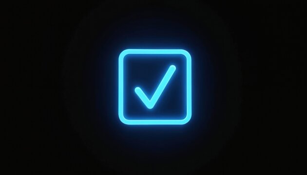 Blue neon checkmark inside square glows on dark background. Represents approval success choice and verification. Signifies confirmation complete yes ok.