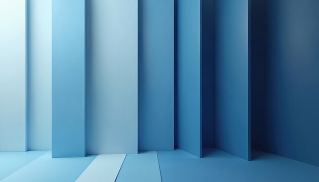 Abstract blue background with vertical planes and soft light. Subtle gradient colors shift from pale sky to deep navy, creating a serene, modern feel. Clean geometric shapes and smooth textures.