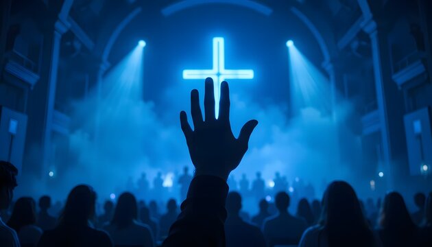 A silhouetted human hand raised upward in worship and prayer, reaching toward a glowing neon blue cross in the background