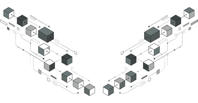 Isometric flowchart diagram with interconnected grey cubes and directional arrows on a white background representing data flow and network structure