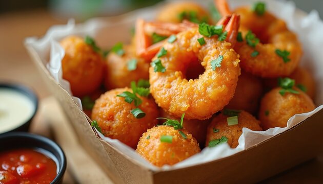 Crispy fried shrimp and potato balls served in a takeout container with salsa and dipping sauce. Garnished with fresh green herbs, this seafood snack offers a tasty meal option.
