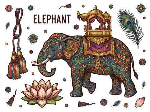 Ornate Indian Elephant Vector Illustration with Mandala Patterns, Howdah, Lotus Flower, and Peacock Feather on Black Background
