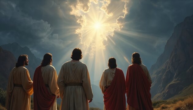Five men dressed in robes look up at bright divine light breaking through clouds. Mountains and dry grass surround them. They seem to await a spiritual revelation or divine intervention.