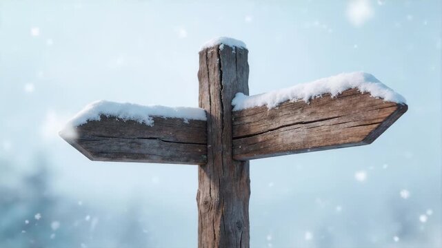 Wooden signpost with two blank snow-covered arrows, suitable for winter travel, decision making, path choice, future planning, or seasonal background imagery.