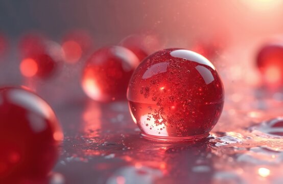 Red microalgae spheres with astaxanthin extract. Glossy gel capsules full of tiny bubbles, representing health and wellness in macro view. Nutraceutical product for beauty and food.
