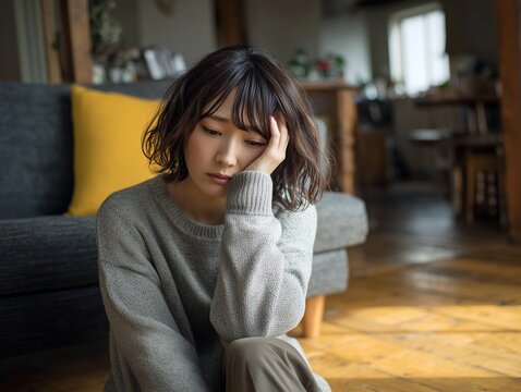 リビングの床に座り悩み事や不安を抱えて一人で考え込む悲しい表情の若い女性のポートレート