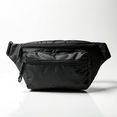 Naklejka premium Black fanny pack with zippers, adjustable strap. Modern waist bag for travel and daily use. Hands free accessory for carrying essentials. Compact pouch for phone, keys, wallet.