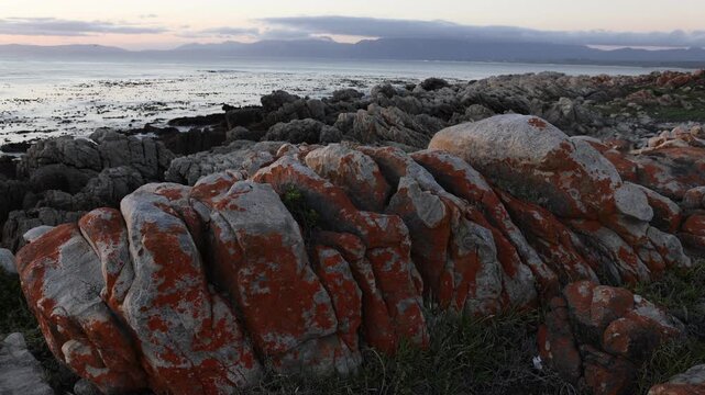 Rocky coastline of DeKelders overlooking the Atlantic Ocean, South Africa